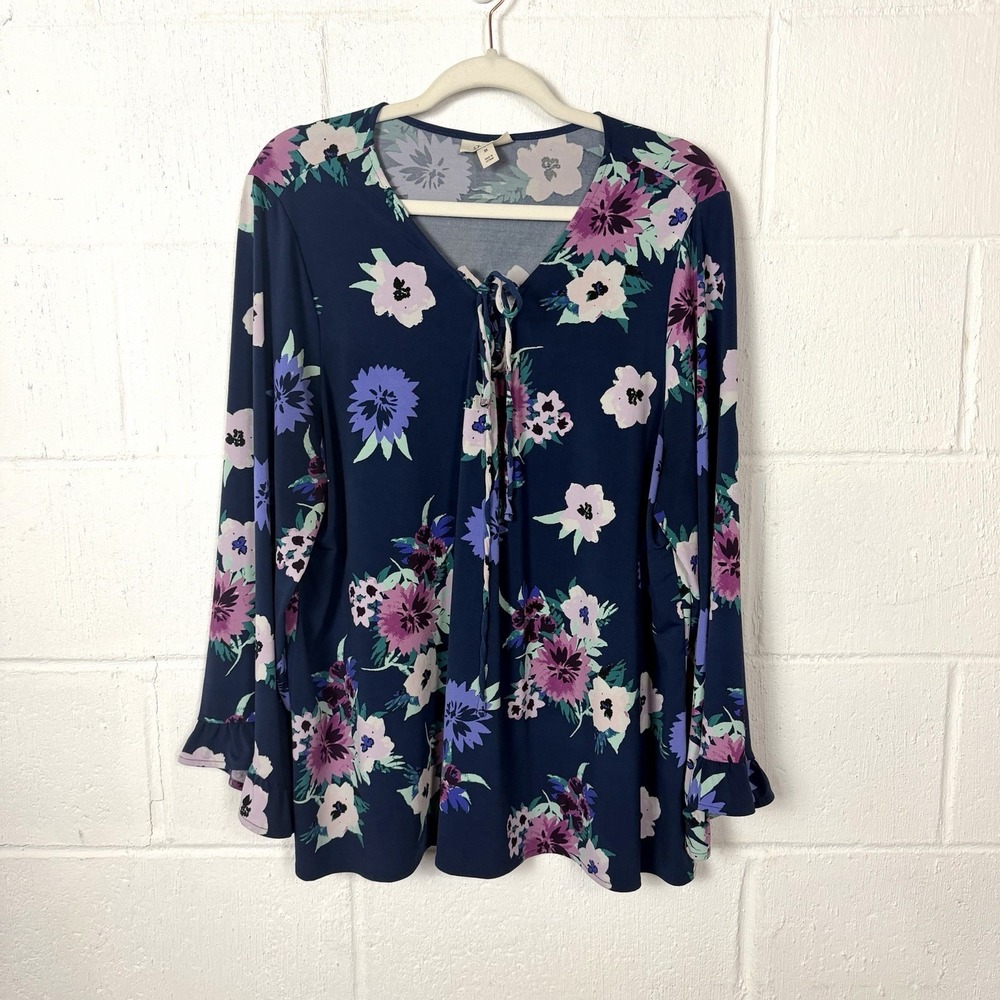 Style & Co Floral Tunic Top Plus‎ Size 2X Blue Floral Ruffles Office Romantic